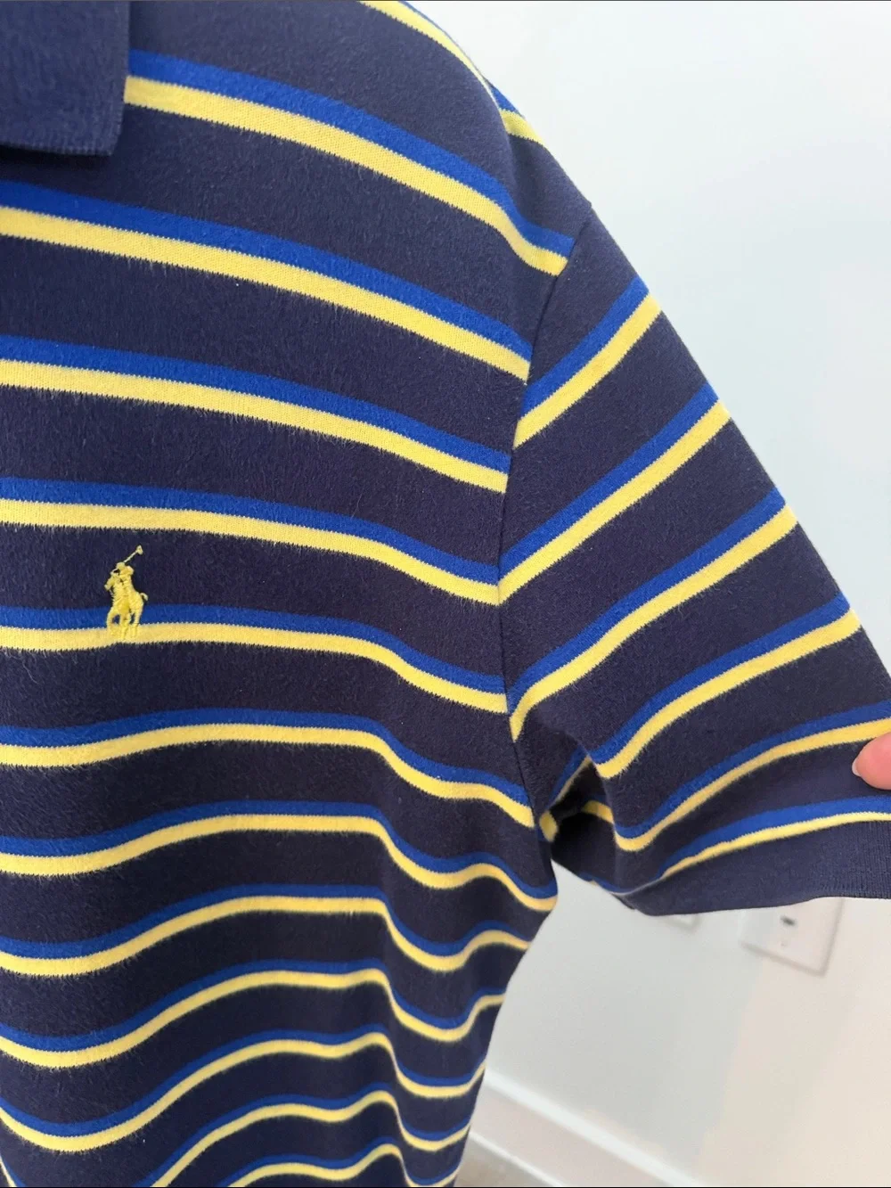 Vintage Ralph Lauren Polo Silver Label Navy and Yellow Striped Polo.  Sz L